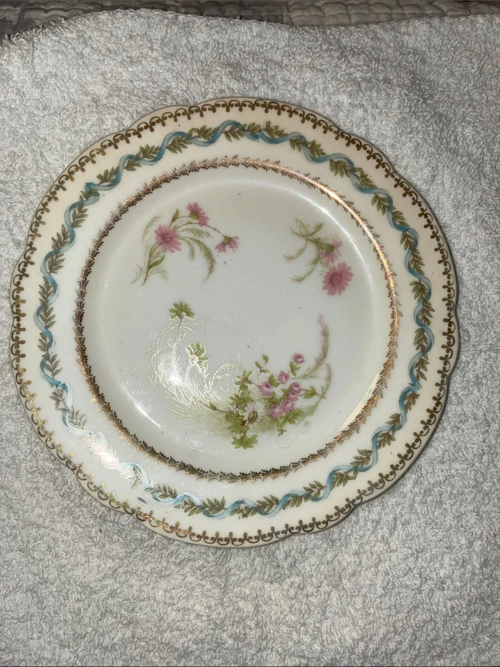 Antique Porcelain Flower Plate Daisy Roses Ribbons Applied Gold Pink Blue Green